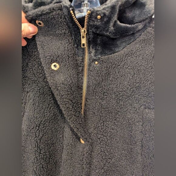 New Eden Society Womens Black sherpa Jacket Coat snap button Pockets Hooded sz S - Picture 5 of 12